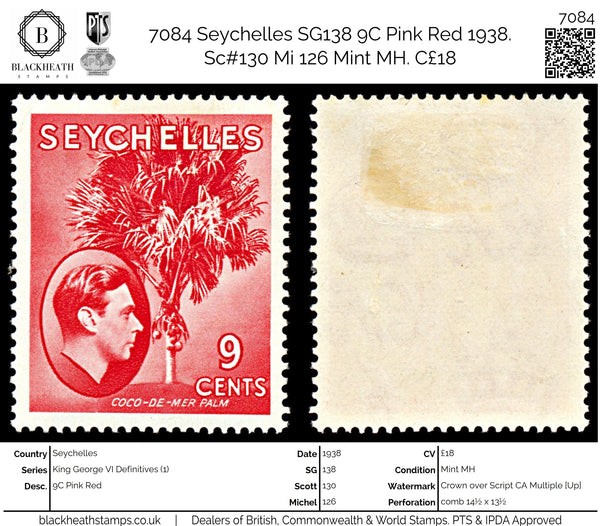 7084 Seychelles SG138 9C Pink Red 1938. Sc#130 Mi 126 Mint MH. C£18