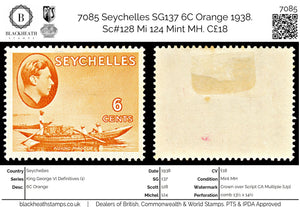 7085 Seychelles SG137 6C Orange 1938. Sc#128 Mi 124 Mint MH. C£18