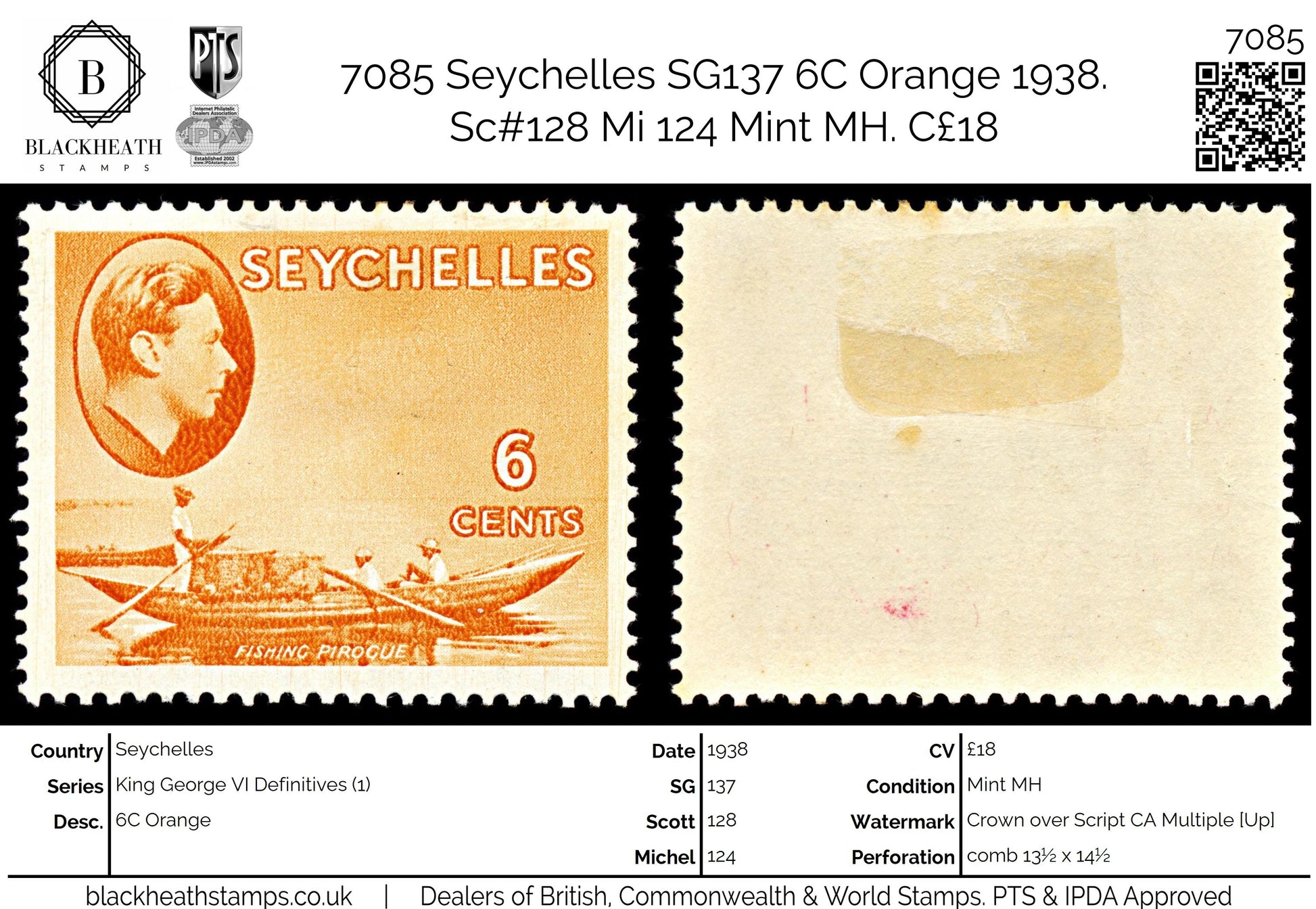 7085 Seychelles SG137 6C Orange 1938. Sc#128 Mi 124 Mint MH. C£18