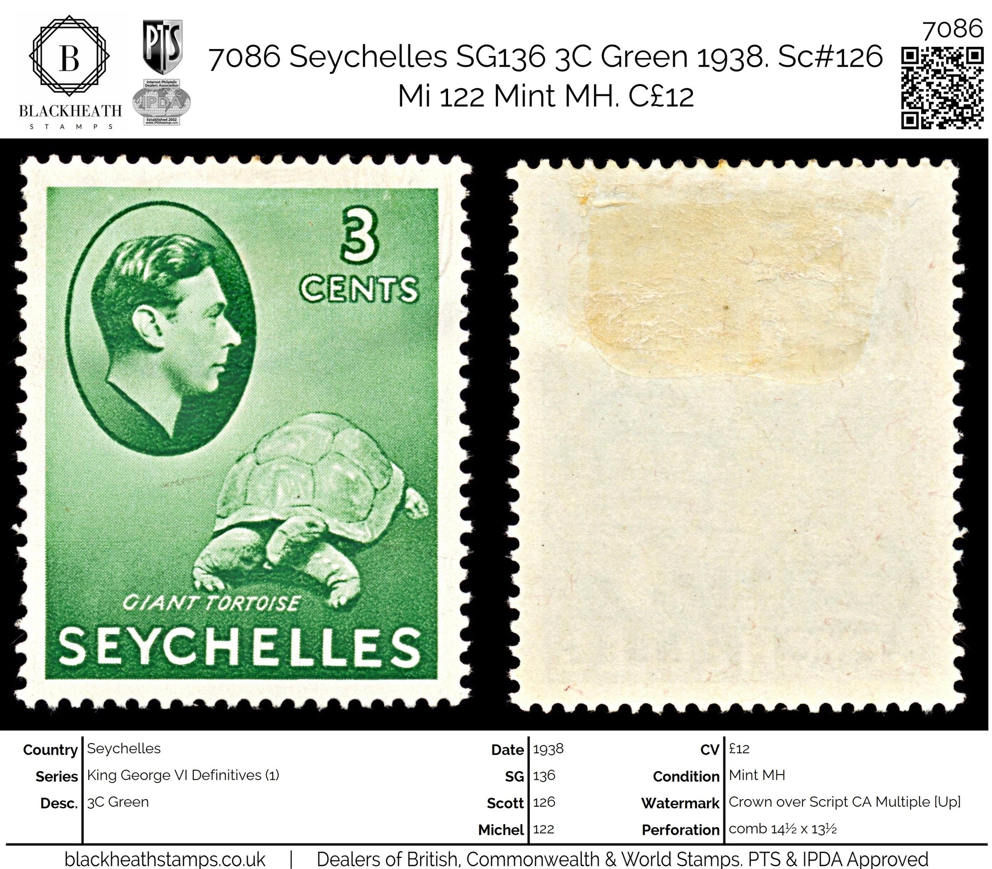 7086 Seychelles SG136 3C Green 1938. Sc#126 Mi 122 Mint MH. C£12