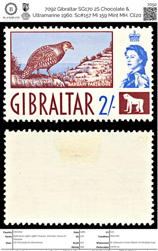7092 Gibraltar SG170 2S Chocolate & Ultramarine 1960. Sc#157 Mi 159 Mint MH. C£20