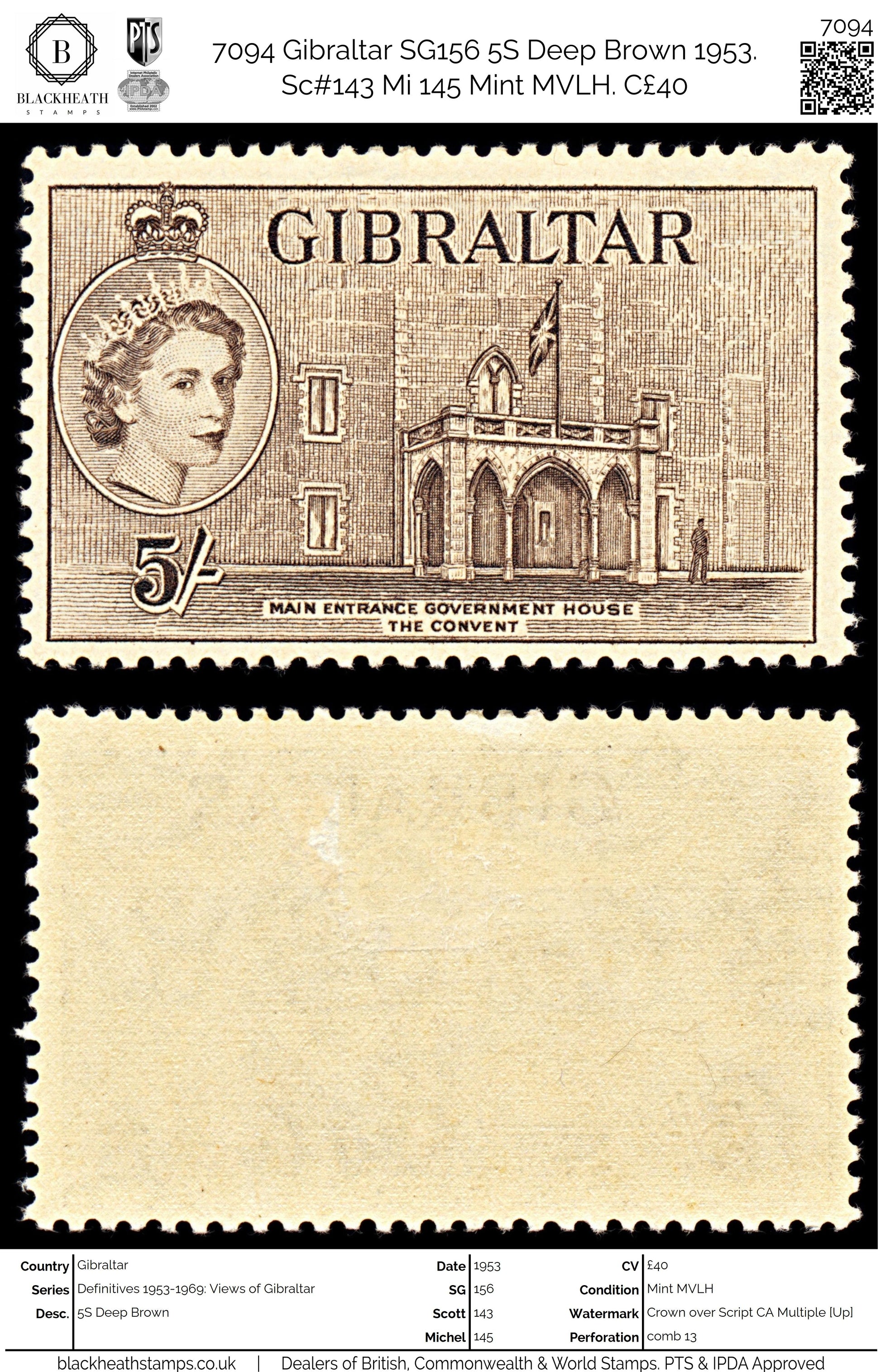 7094 Gibraltar SG156 5S Deep Brown 1953. Sc#143 Mi 145 Mint MVLH. C£40