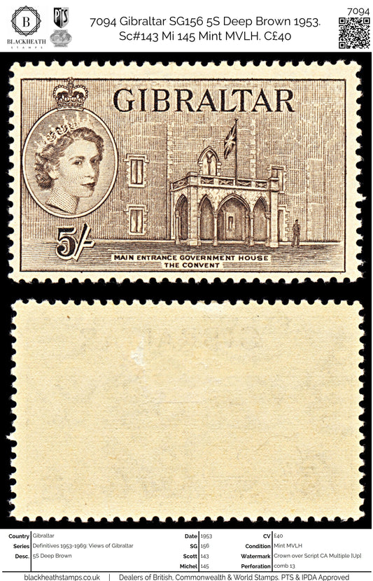 7094 Gibraltar SG156 5S Deep Brown 1953. Sc#143 Mi 145 Mint MVLH. C£40