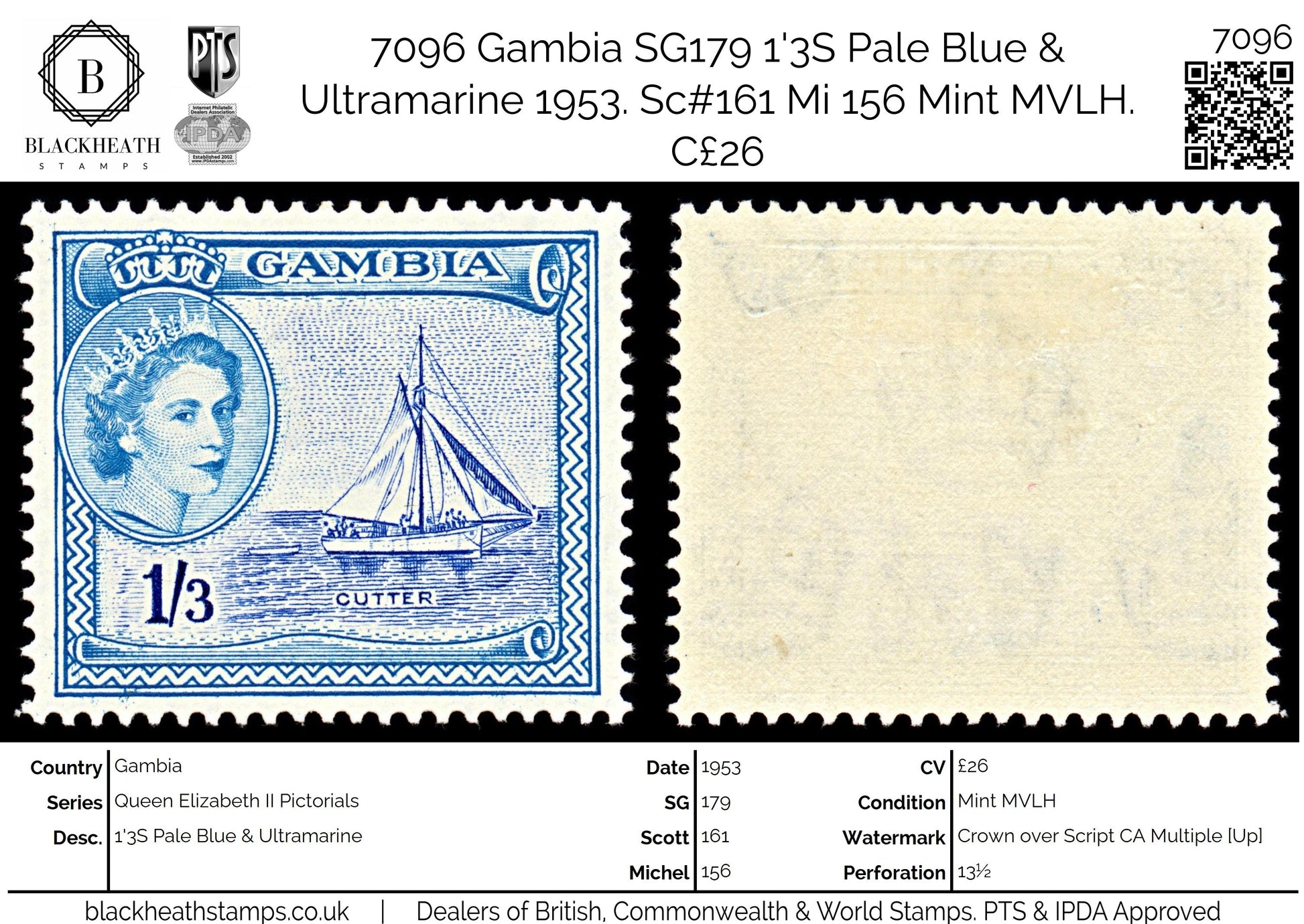 7096 Gambia SG179 1'3S Pale Blue & Ultramarine 1953. Sc#161 Mi 156 Mint MVLH. C£26