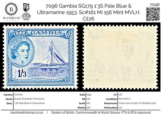 7096 Gambia SG179 1'3S Pale Blue & Ultramarine 1953. Sc#161 Mi 156 Mint MVLH. C£26