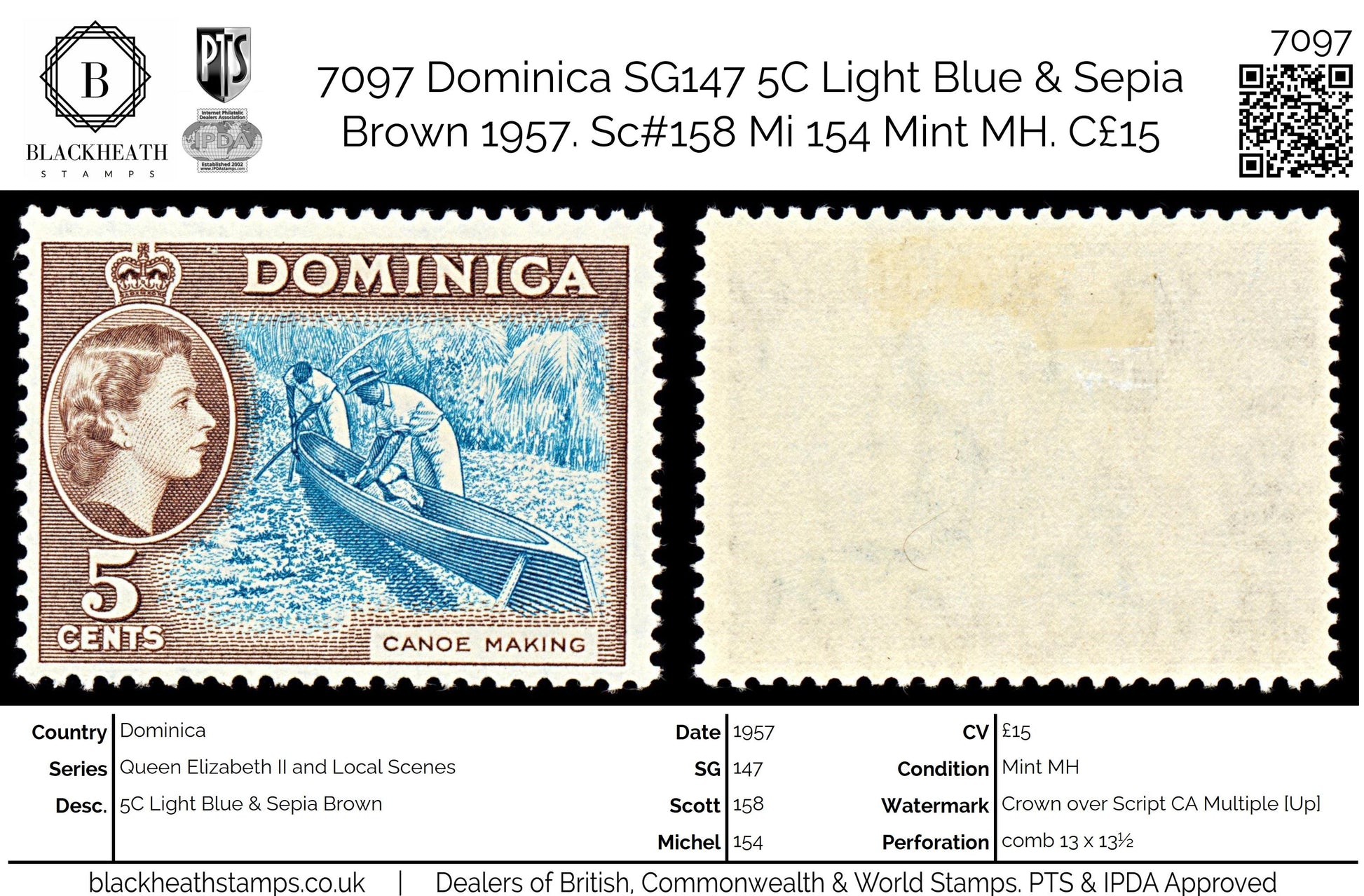 7097 Dominica SG147 5C Light Blue & Sepia Brown 1957. Sc#158 Mi 154 Mint MH. C£15