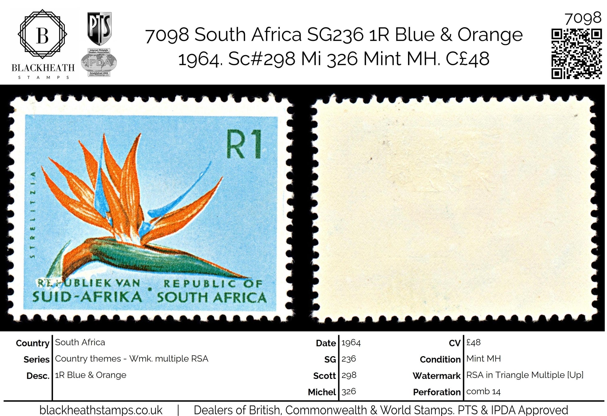 7098 South Africa SG236 1R Blue & Orange 1964. Sc#298 Mi 326 Mint MH. C£48