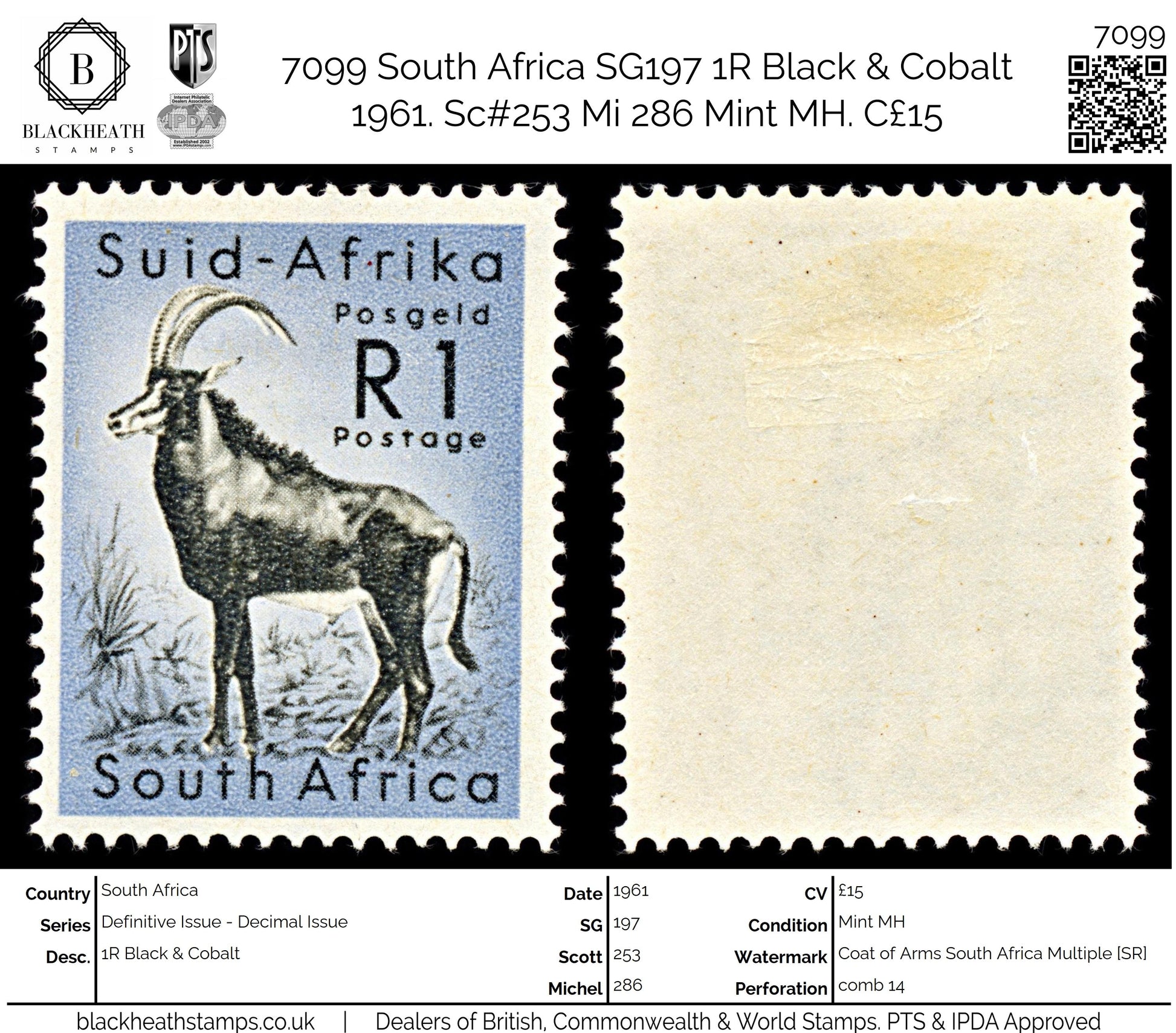 7099 South Africa SG197 1R Black & Cobalt 1961. Sc#253 Mi 286 Mint MH. C£15