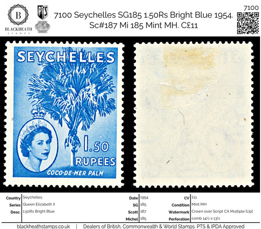 7100 Seychelles SG185 1.50Rs Bright Blue 1954. Sc#187 Mi 185 Mint MH. C£11