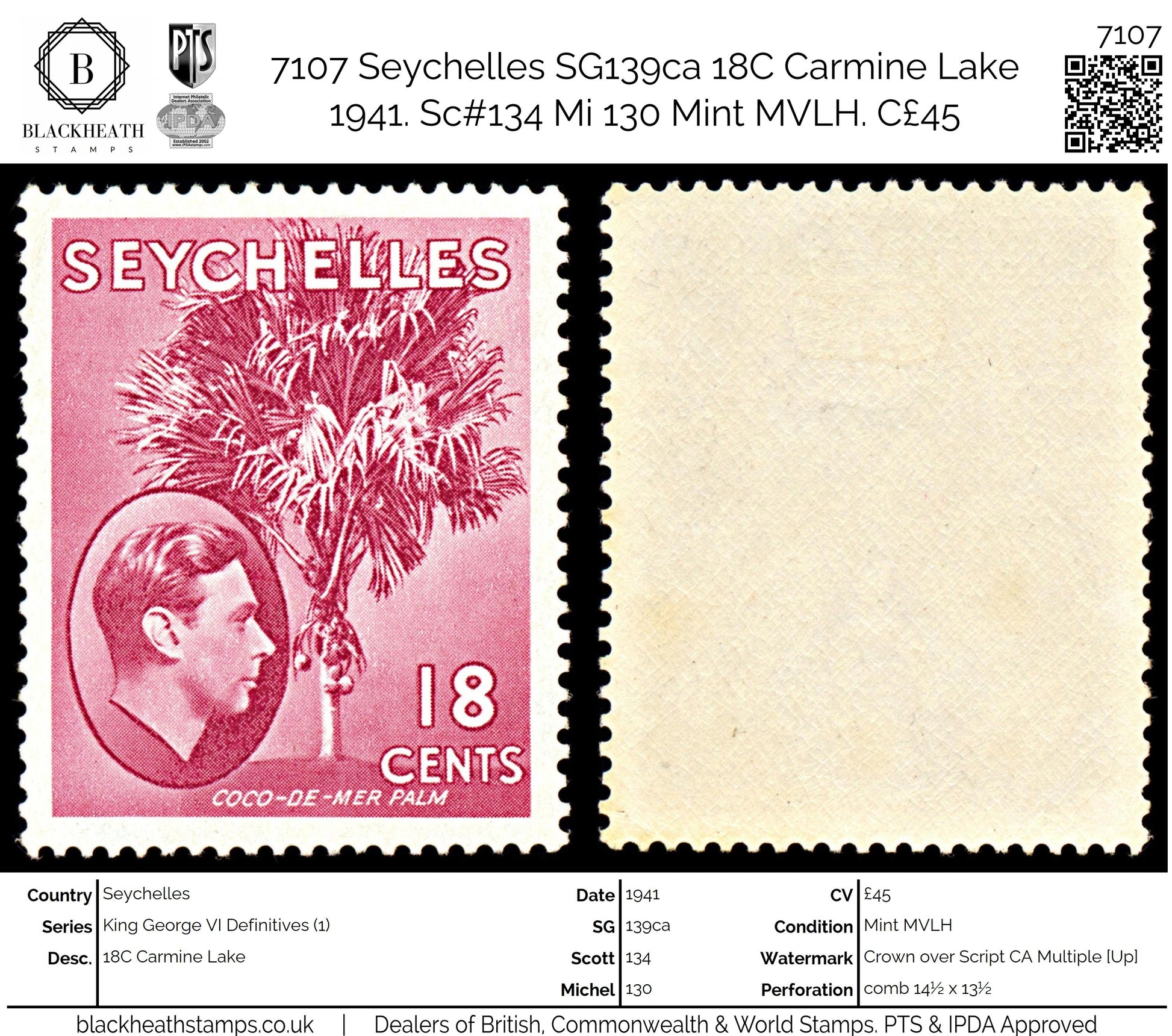 7107 Seychelles SG139ca 18C Carmine Lake 1941. Sc#134 Mi 130 Mint MVLH. C£45