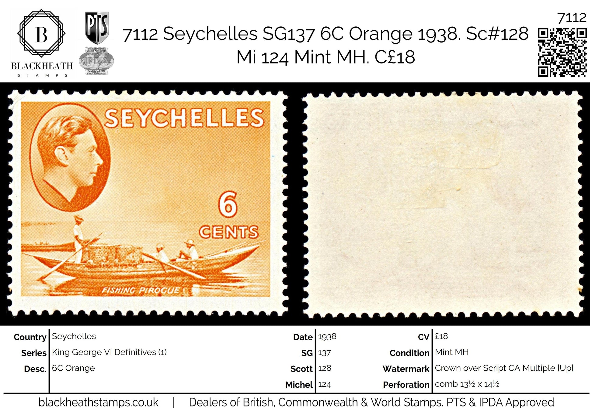 7112 Seychelles SG137 6C Orange 1938. Sc#128 Mi 124 Mint MH. C£18