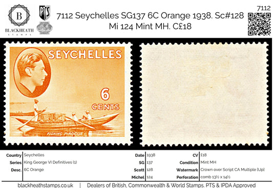 7112 Seychelles SG137 6C Orange 1938. Sc#128 Mi 124 Mint MH. C£18