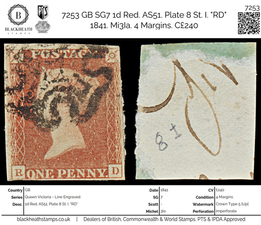 7253 GB SG7 1d Red. AS51. Plate 8 St. I. "RD" 1841. Mi3Ia. 4 Margins. C£240