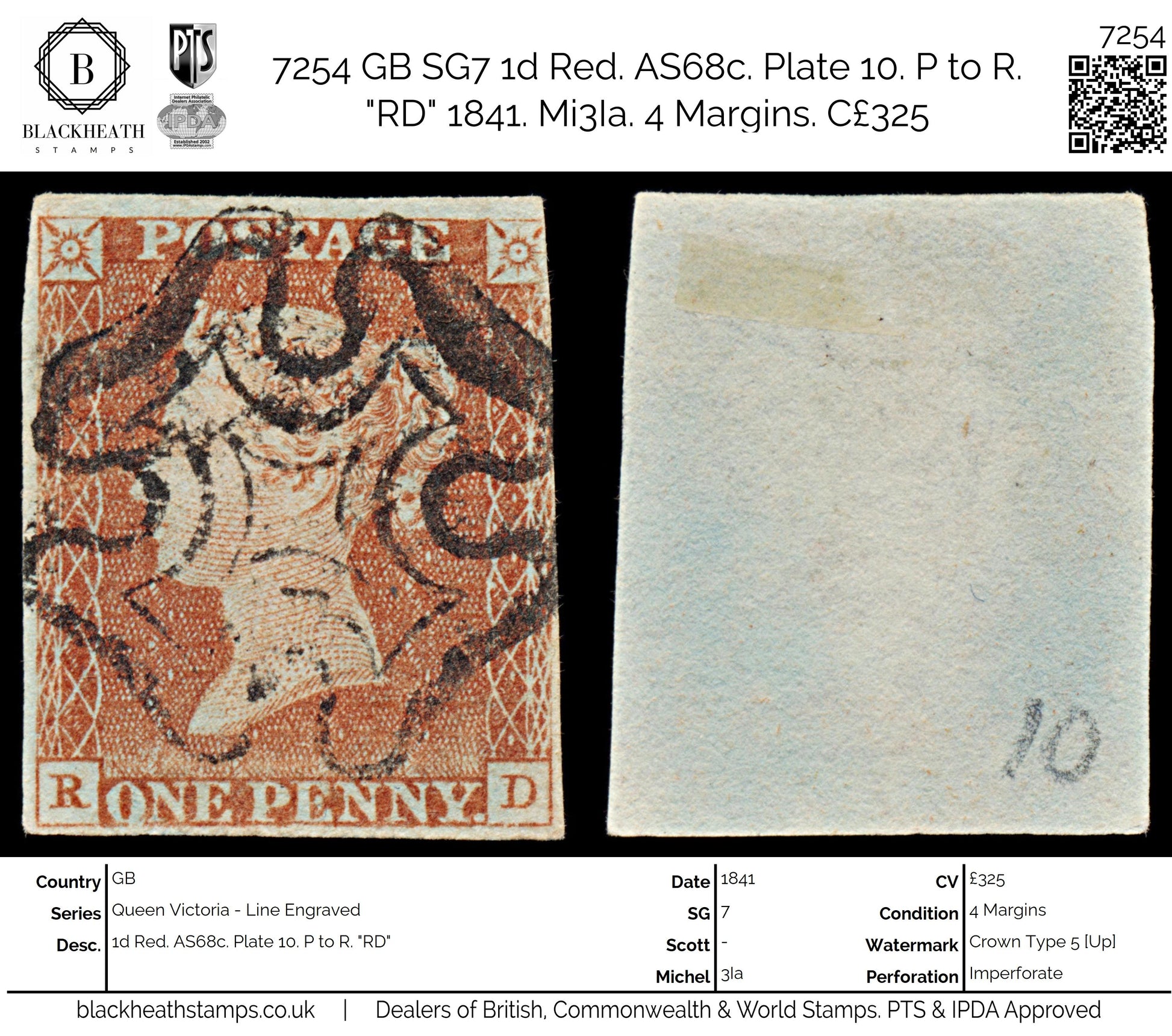 7254 GB SG7 1d Red. AS68c. Plate 10. P to R. "RD" 1841. Mi3Ia. 4 Margins. C£325