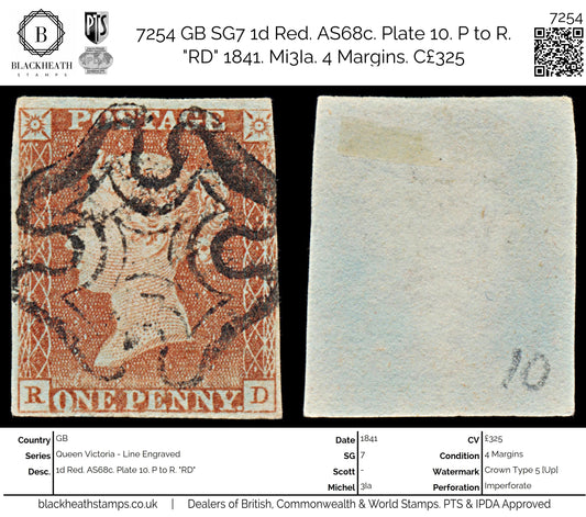 7254 GB SG7 1d Red. AS68c. Plate 10. P to R. "RD" 1841. Mi3Ia. 4 Margins. C£325