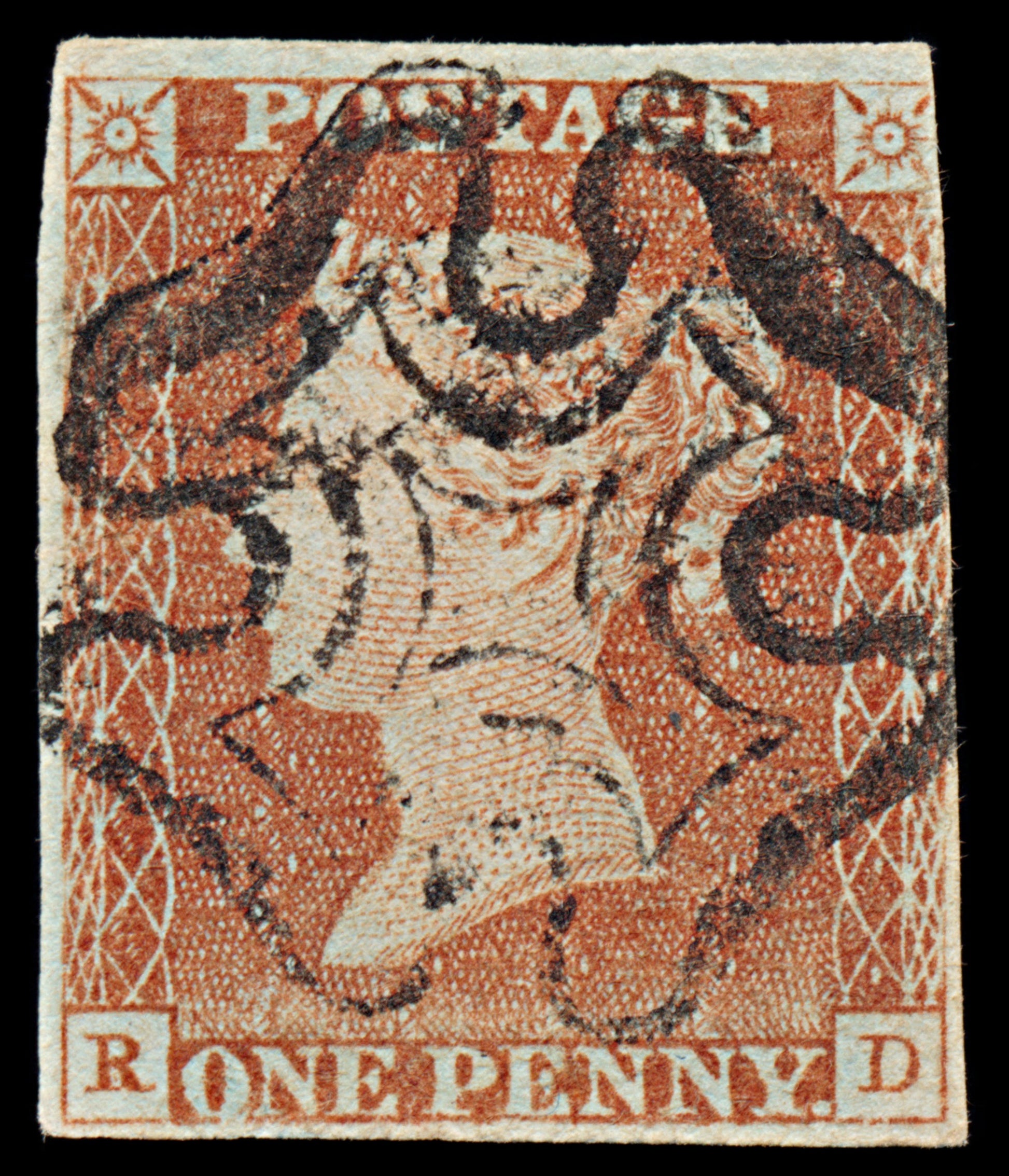 7254 GB SG7 1d Red. AS68c. Plate 10. P to R. "RD" 1841. Mi3Ia. 4 Margins. C£325