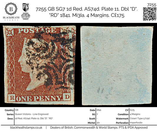 7255 GB SG7 1d Red. AS74d. Plate 11. Dbl "D". "RD" 1841. Mi3Ia. 4 Margins. C£175