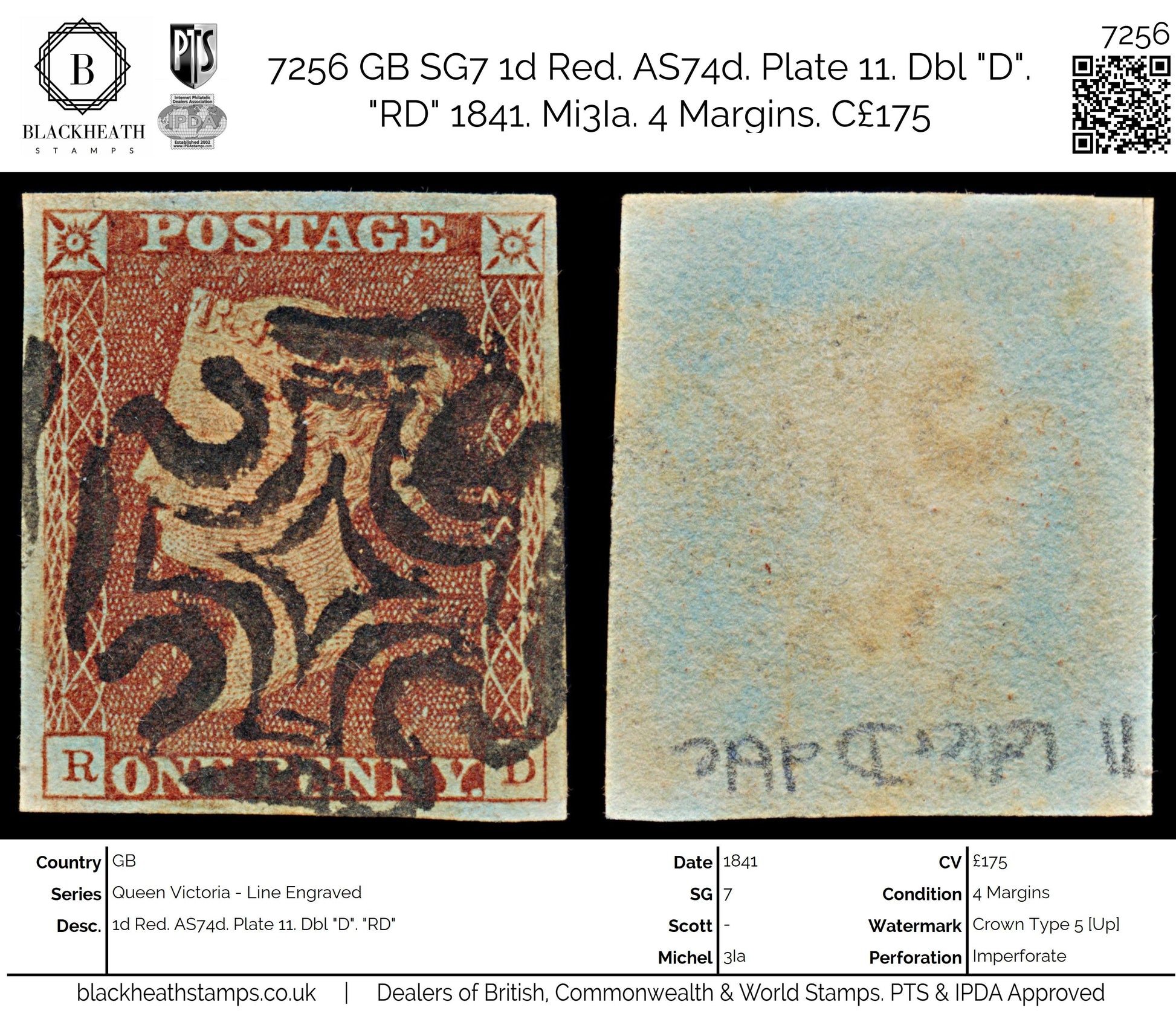 7256 GB SG7 1d Red. AS74d. Plate 11. Dbl "D". "RD" 1841. Mi3Ia. 4 Margins. C£175
