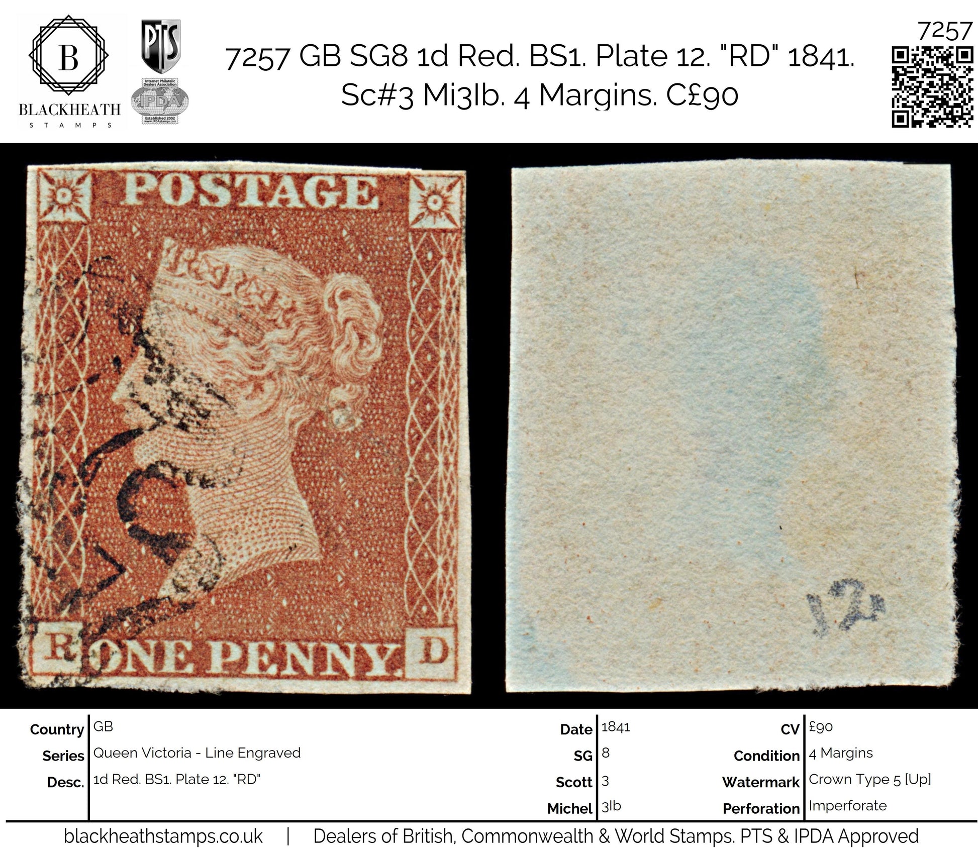 7257 GB SG8 1d Red. BS1. Plate 12. "RD" 1841. Sc#3 Mi3Ib. 4 Margins. C£90
