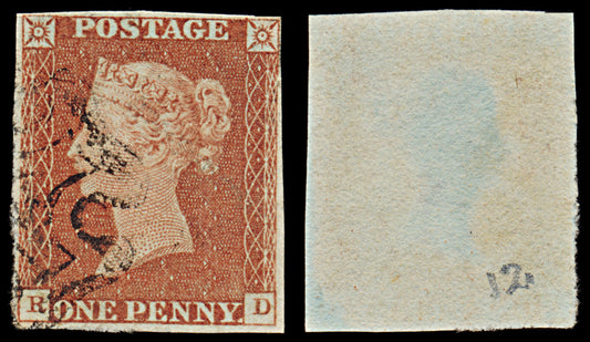 7257 GB SG8 1d Red. BS1. Plate 12. "RD" 1841. Sc#3 Mi3Ib. 4 Margins. C£90