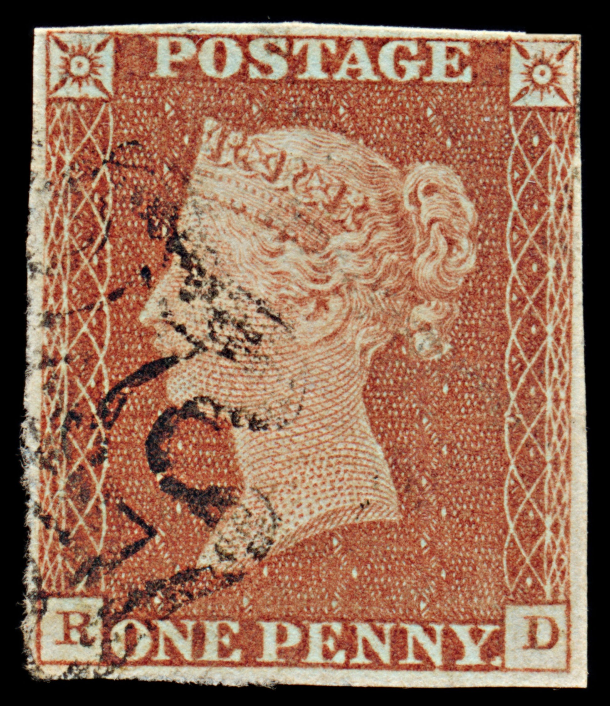 7257 GB SG8 1d Red. BS1. Plate 12. "RD" 1841. Sc#3 Mi3Ib. 4 Margins. C£90