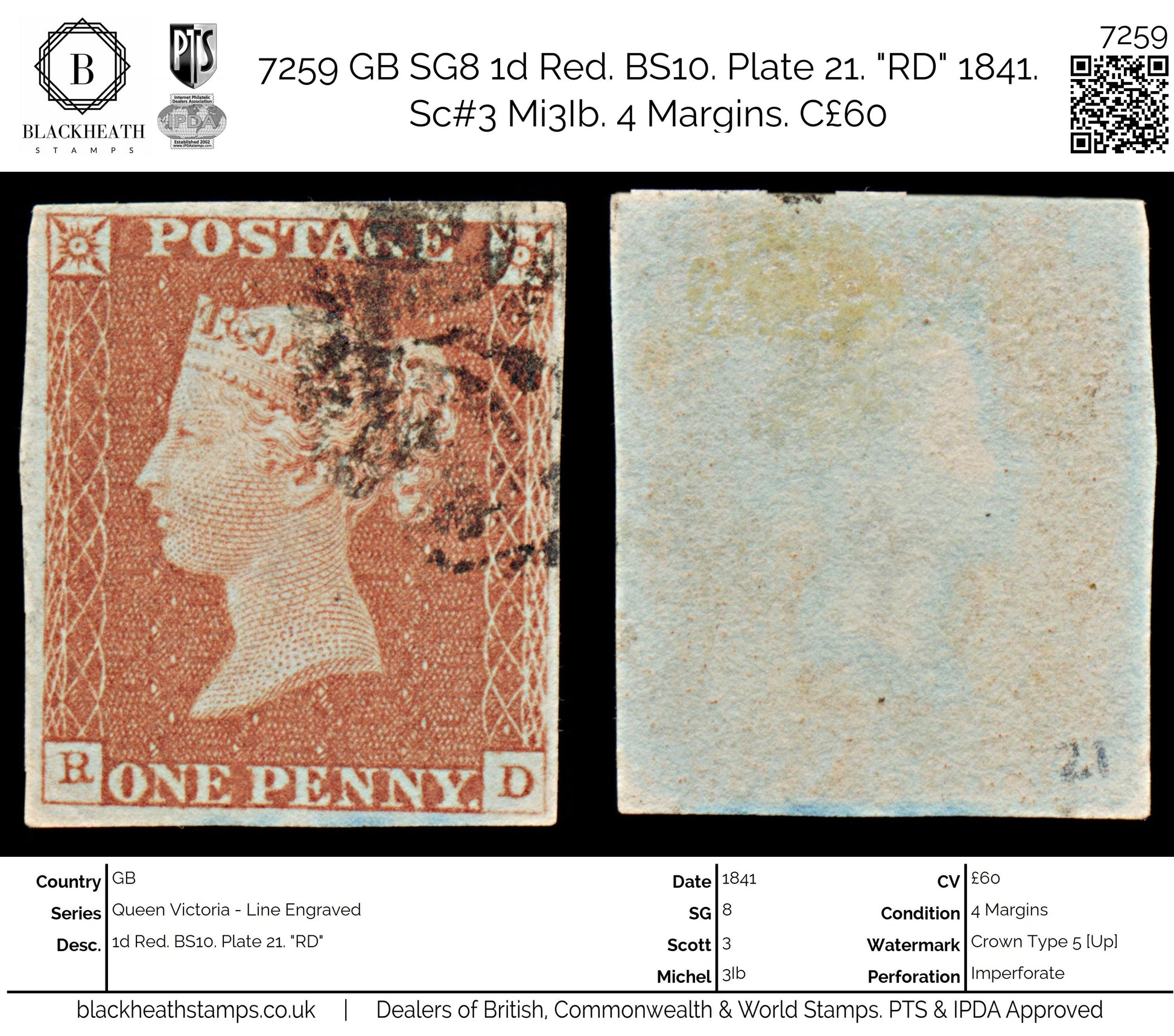 7259 GB SG8 1d Red. BS10. Plate 21. "RD" 1841. Sc#3 Mi3Ib. 4 Margins. C£60