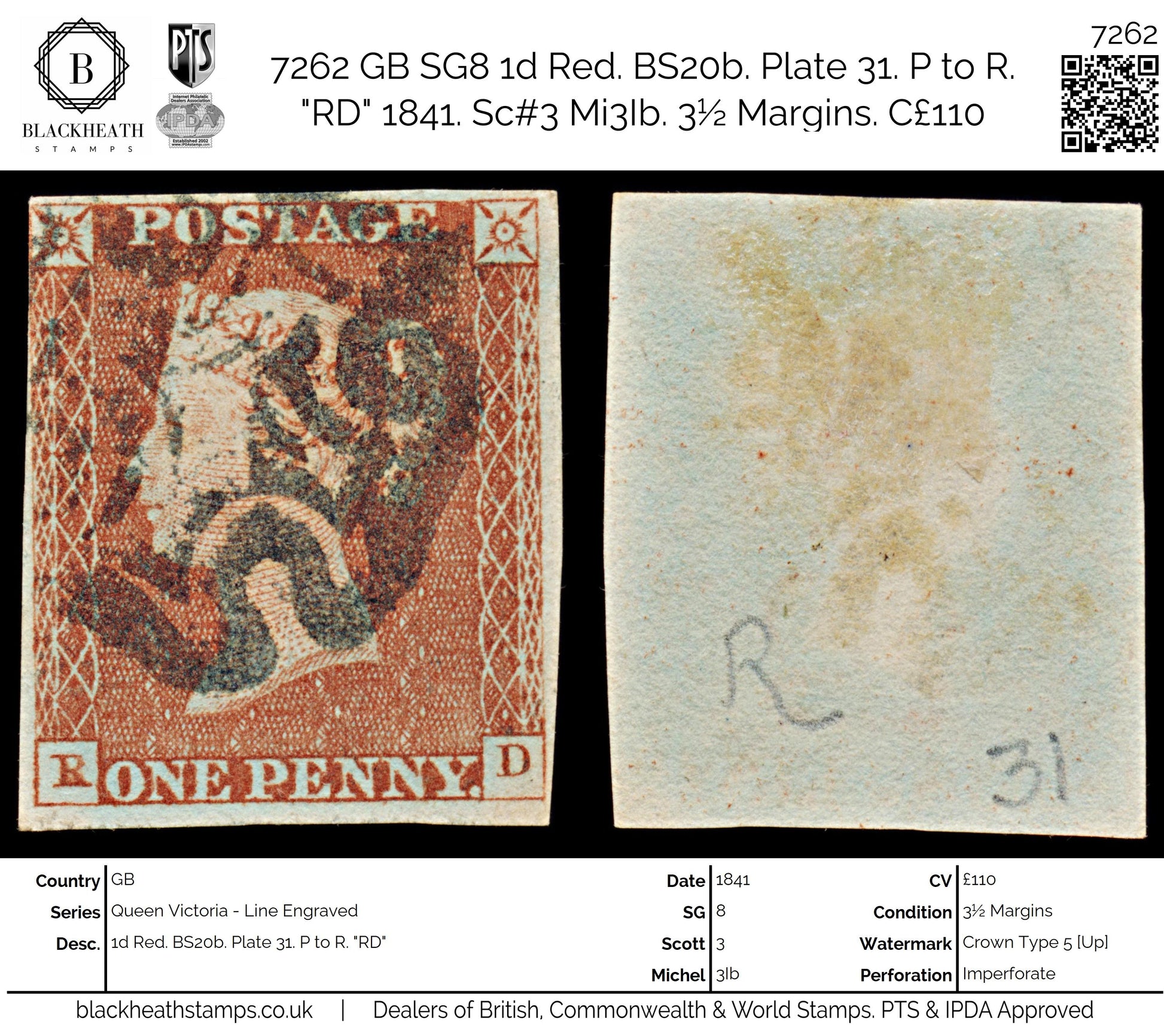 7262 GB SG8 1d Red. BS20b. Plate 31. P to R. "RD" 1841. Sc#3 Mi3Ib. 3½ Margins. C£110