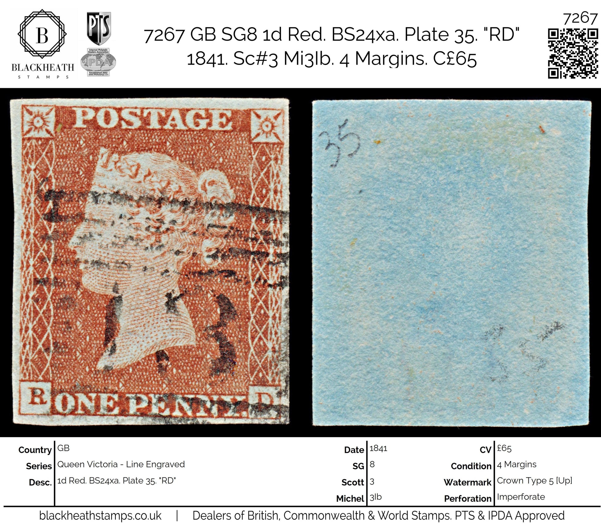 7267 GB SG8 1d Red. BS24xa. Plate 35. "RD" 1841. Sc#3 Mi3Ib. 4 Margins. C£65
