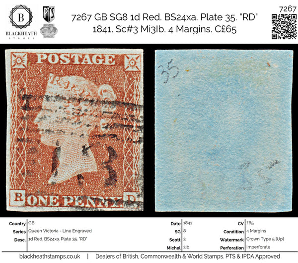 7267 GB SG8 1d Red. BS24xa. Plate 35. "RD" 1841. Sc#3 Mi3Ib. 4 Margins. C£65