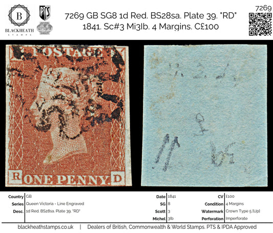 7269 GB SG8 1d Red. BS28sa. Plate 39. "RD" 1841. Sc#3 Mi3Ib. 4 Margins. C£100
