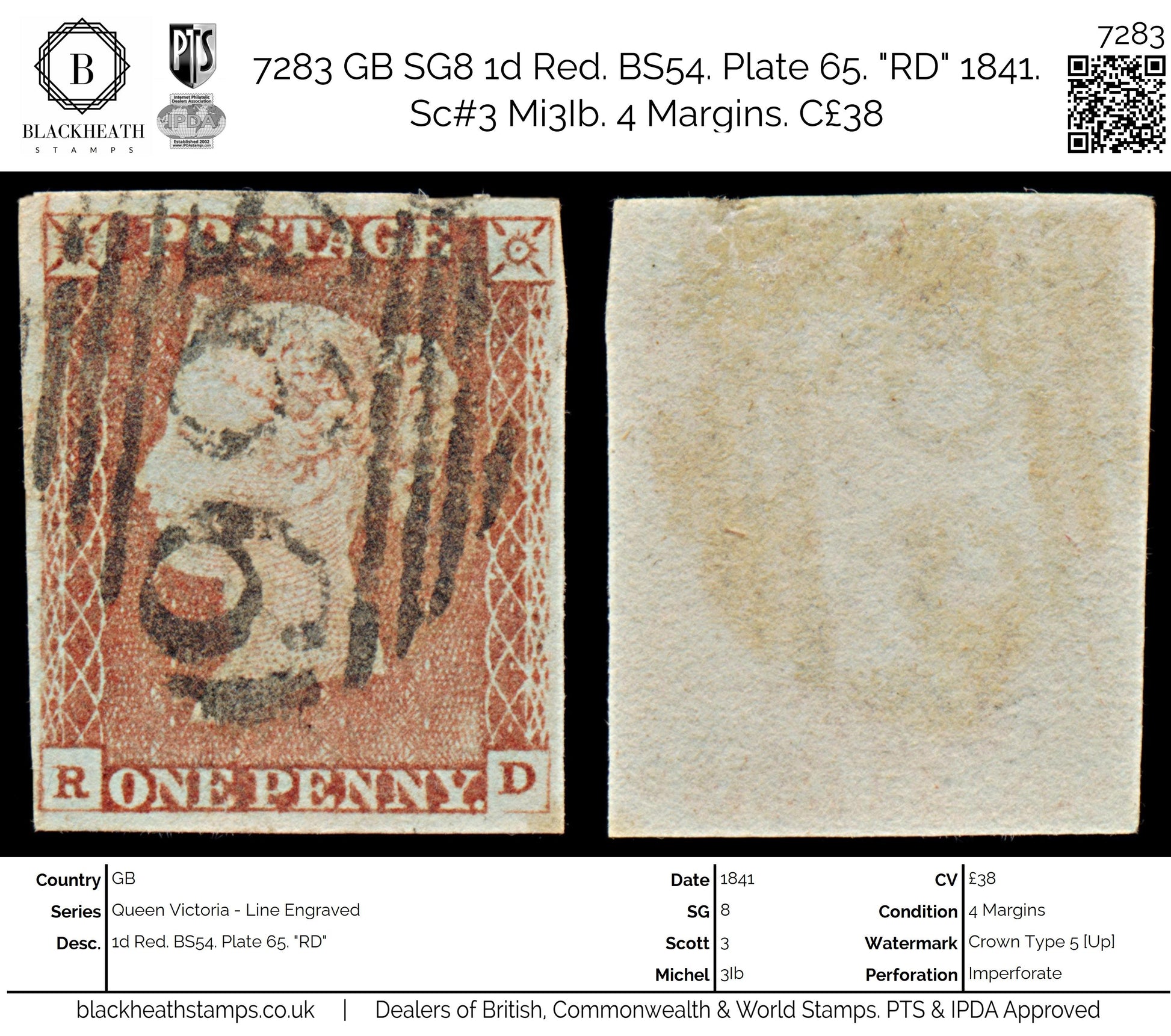 7283 GB SG8 1d Red. BS54. Plate 65. "RD" 1841. Sc#3 Mi3Ib. 4 Margins. C£38