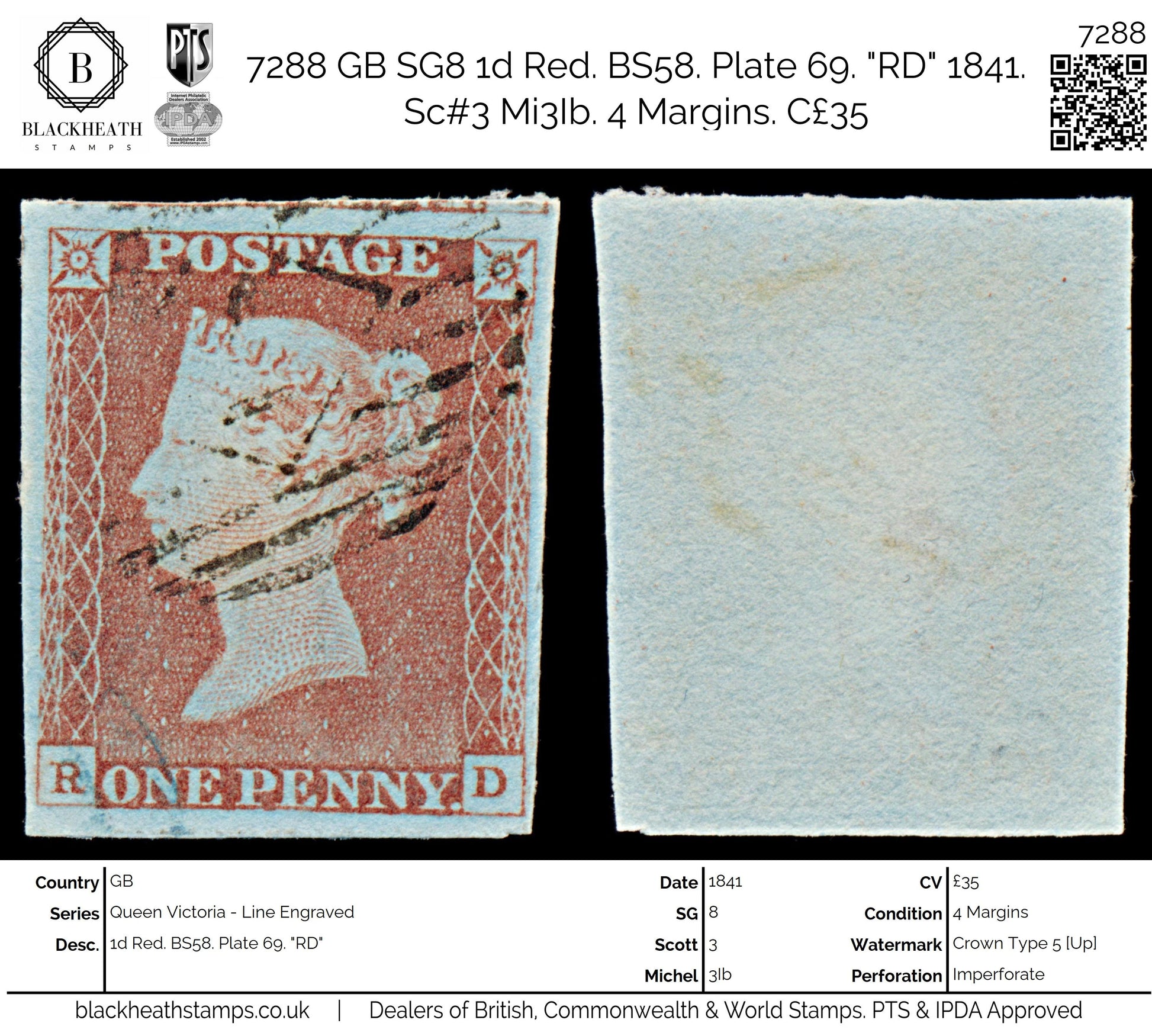 7288 GB SG8 1d Red. BS58. Plate 69. "RD" 1841. Sc#3 Mi3Ib. 4 Margins. C£35
