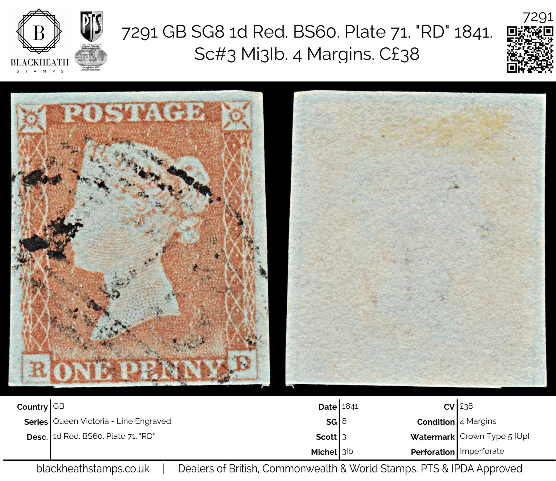 7291 GB SG8 1d Red. BS60. Plate 71. "RD" 1841. Sc#3 Mi3Ib. 4 Margins. C£38