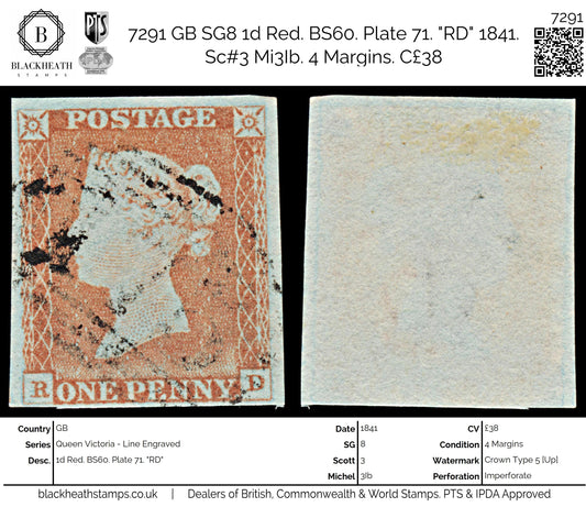 7291 GB SG8 1d Red. BS60. Plate 71. "RD" 1841. Sc#3 Mi3Ib. 4 Margins. C£38