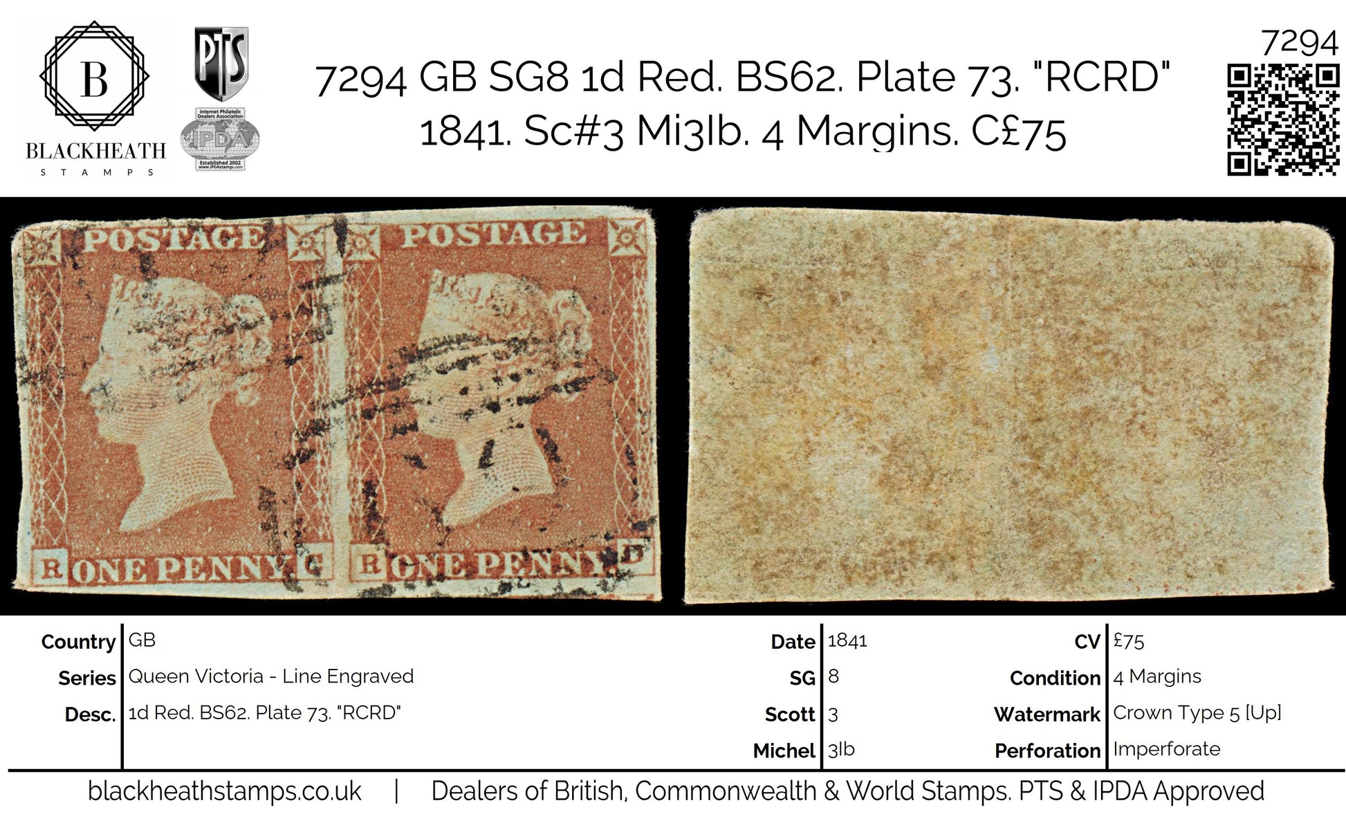 7294 GB SG8 1d Red. BS62. Plate 73. "RCRD" 1841. Sc#3 Mi3Ib. 4 Margins. C£75