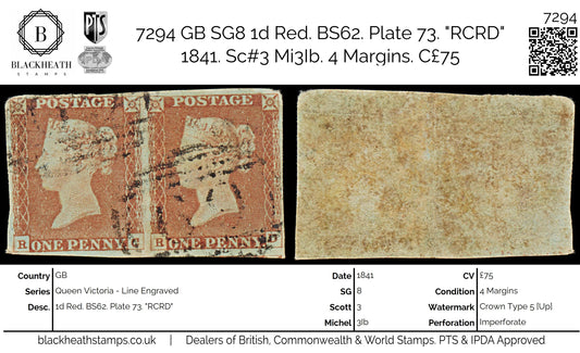 7294 GB SG8 1d Red. BS62. Plate 73. "RCRD" 1841. Sc#3 Mi3Ib. 4 Margins. C£75