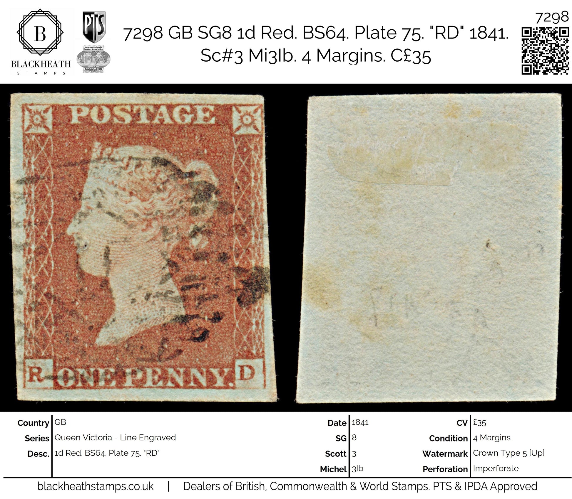7298 GB SG8 1d Red. BS64. Plate 75. "RD" 1841. Sc#3 Mi3Ib. 4 Margins. C£35