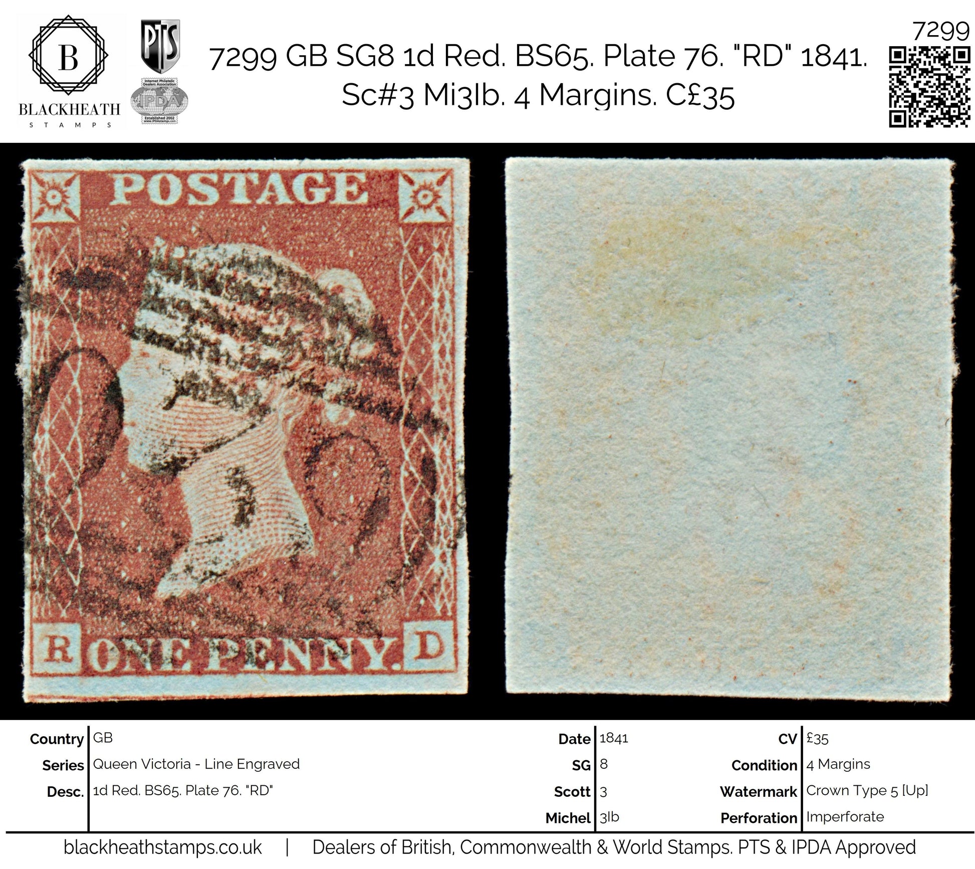 7299 GB SG8 1d Red. BS65. Plate 76. "RD" 1841. Sc#3 Mi3Ib. 4 Margins. C£35