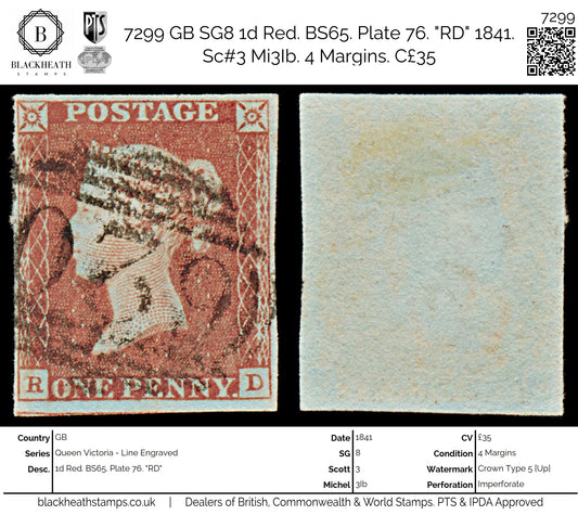 7299 GB SG8 1d Red. BS65. Plate 76. "RD" 1841. Sc#3 Mi3Ib. 4 Margins. C£35