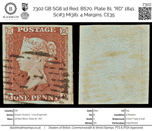7302 GB SG8 1d Red. BS70. Plate 81. "RD" 1841. Sc#3 Mi3Ib. 4 Margins. C£35
