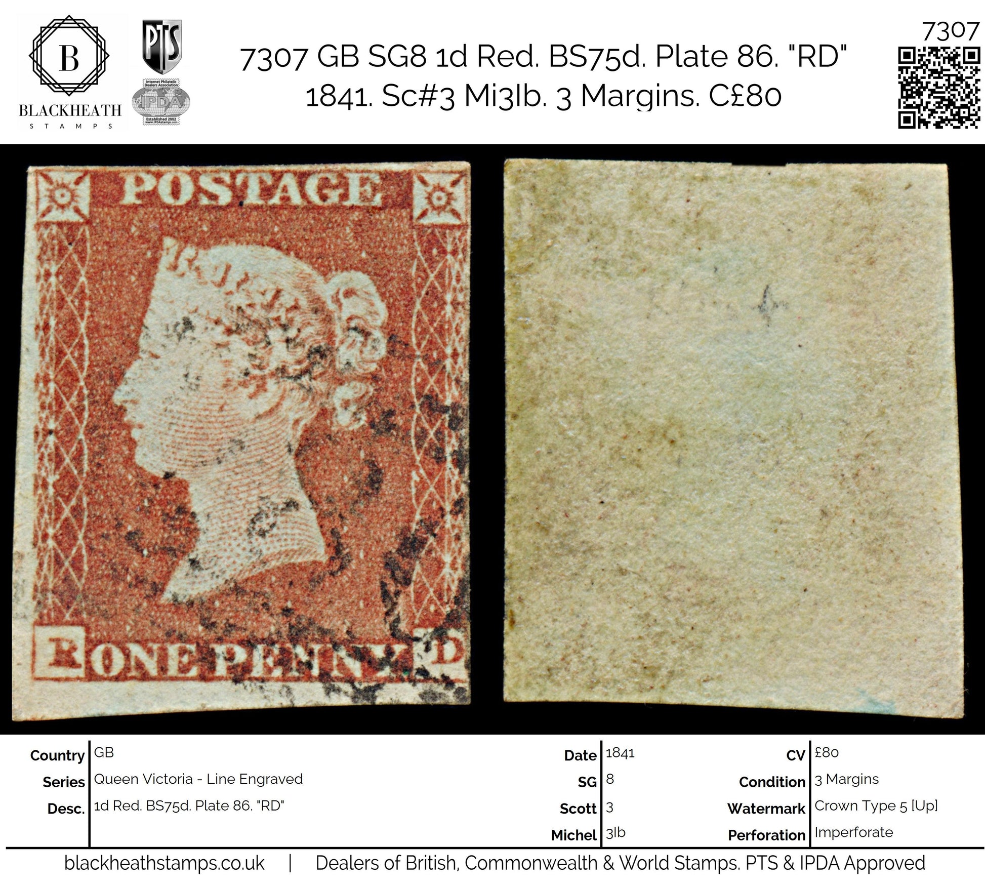 7307 GB SG8 1d Red. BS75d. Plate 86. "RD" 1841. Sc#3 Mi3Ib. 3 Margins. C£80