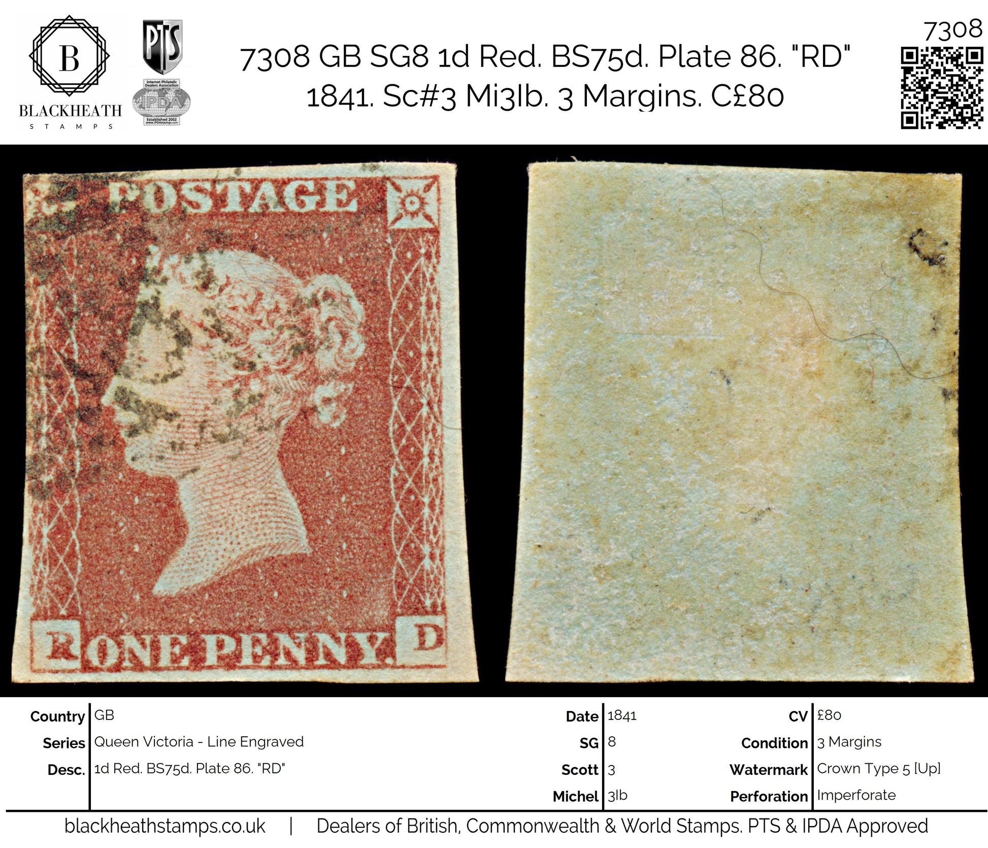 7308 GB SG8 1d Red. BS75d. Plate 86. "RD" 1841. Sc#3 Mi3Ib. 3 Margins. C£80