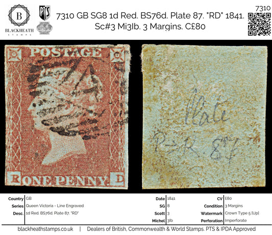 7310 GB SG8 1d Red. BS76d. Plate 87. "RD" 1841. Sc#3 Mi3Ib. 3 Margins. C£80