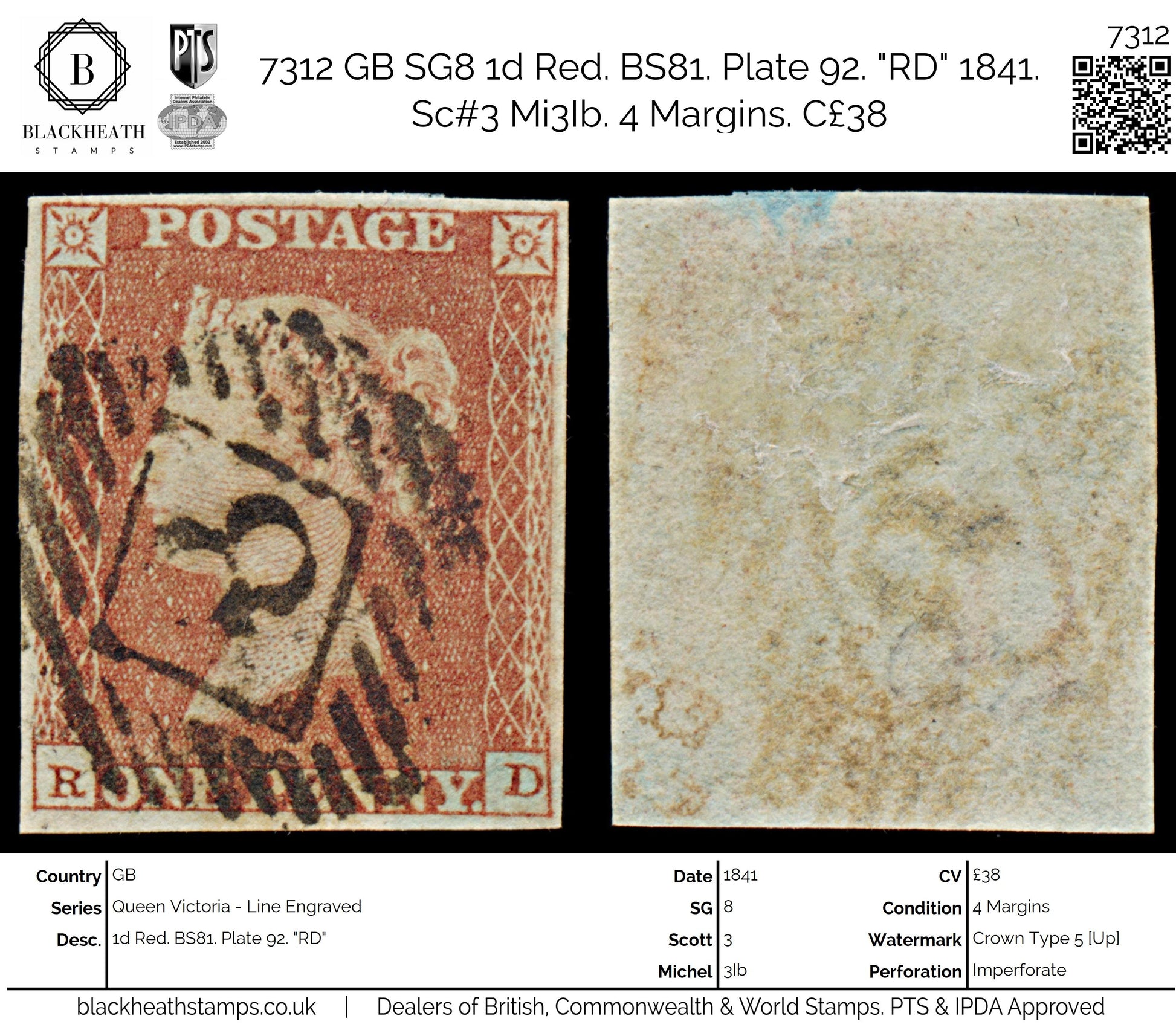 7312 GB SG8 1d Red. BS81. Plate 92. "RD" 1841. Sc#3 Mi3Ib. 4 Margins. C£38