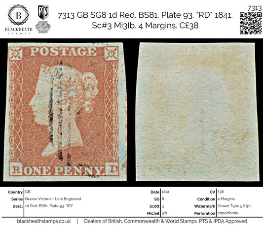7313 GB SG8 1d Red. BS81. Plate 93. "RD" 1841. Sc#3 Mi3Ib. 4 Margins. C£38
