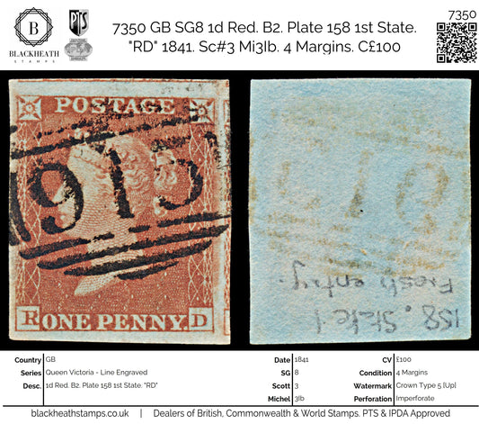 7350 GB SG8 1d Red. B2. Plate 158 1st State. "RD" 1841. Sc#3 Mi3Ib. 4 Margins. C£100