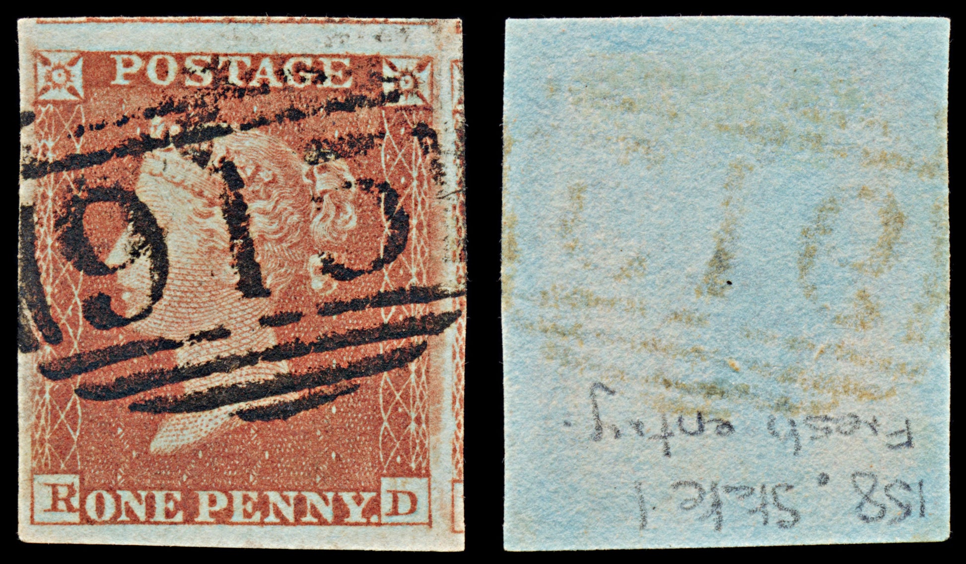 7350 GB SG8 1d Red. B2. Plate 158 1st State. "RD" 1841. Sc#3 Mi3Ib. 4 Margins. C£100