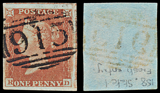 7350 GB SG8 1d Red. B2. Plate 158 1st State. "RD" 1841. Sc#3 Mi3Ib. 4 Margins. C£100