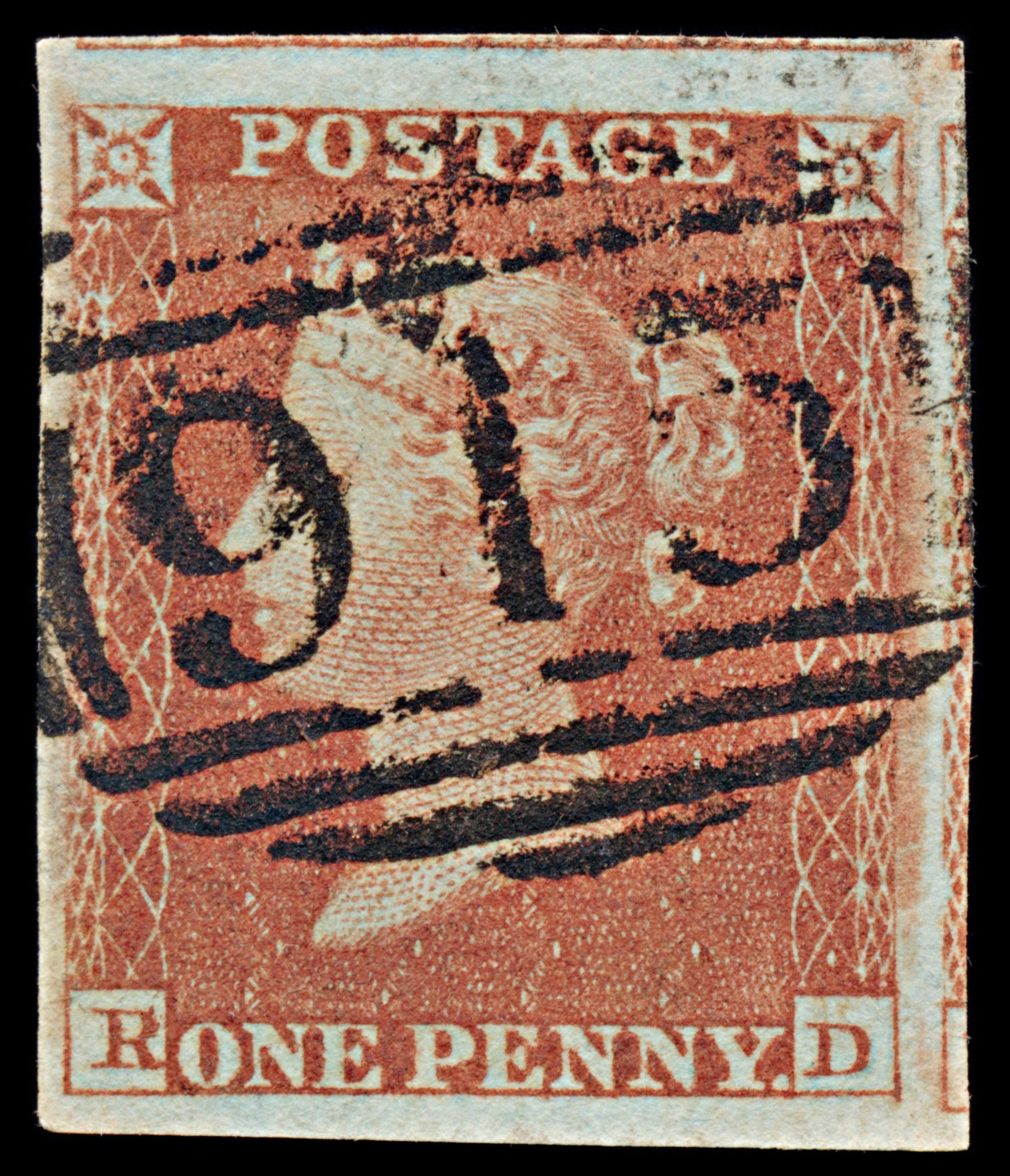 7350 GB SG8 1d Red. B2. Plate 158 1st State. "RD" 1841. Sc#3 Mi3Ib. 4 Margins. C£100