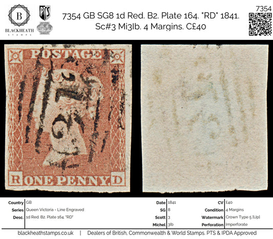 7354 GB SG8 1d Red. B2. Plate 164. "RD" 1841. Sc#3 Mi3Ib. 4 Margins. C£40